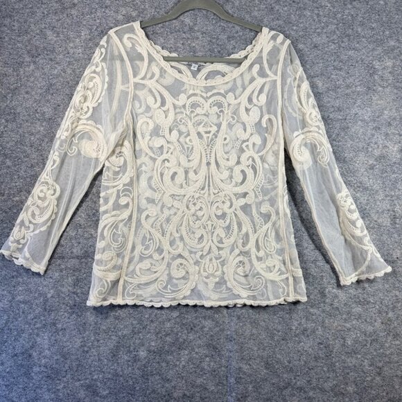 EXPRESS Cream Embroidered Mesh Y2K 2000s Cotton Babydoll Blouse Top Size Medium - Picture 13 of 13